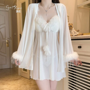 Sweet Feather-Trim Sexy Padded Sheer Mesh Nightdress